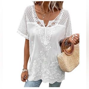 Unbranded🦎Women's Shirt Blouse White Floral Lace Short Sleeve🌵